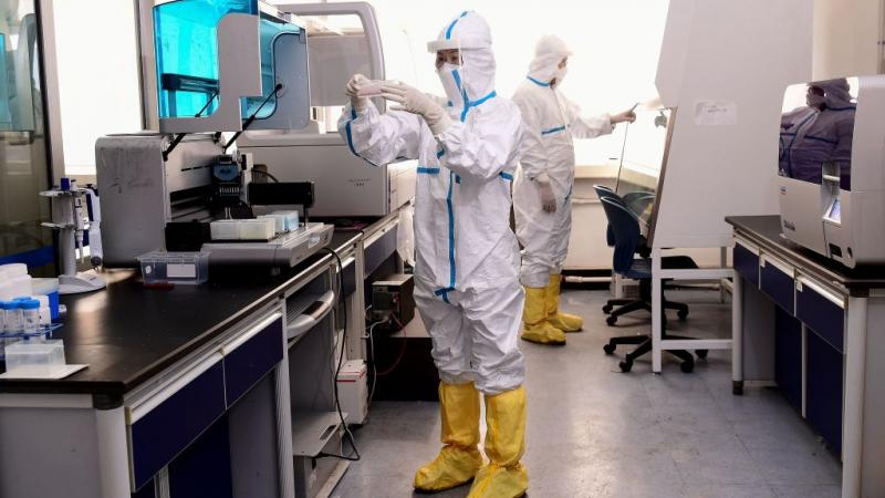 Lab technicians work on coronavirus testing samples in Shenyang, China