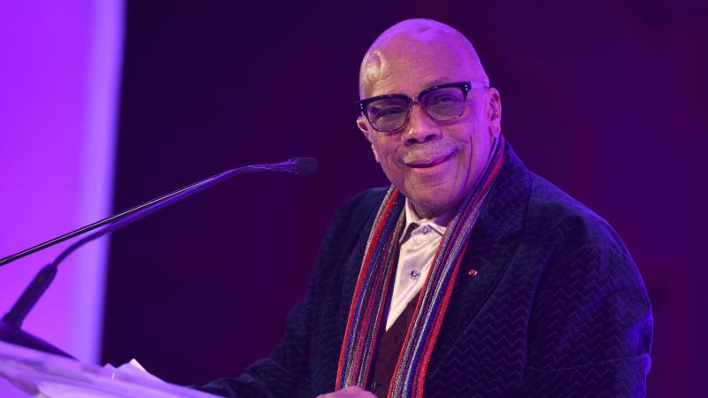 Quincy Jones presenting Amanda Booth the Global's Quincy Jones Exceptional Advocacy Award at the Global Down Syndrome Foundation's Be Beautiful Be Yourself Fashion Show at Sheraton Denver Downtown Hotel on November 02, 2019 in Denver, Colorado.