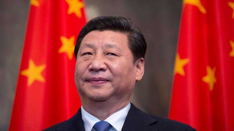 Chinese President Xi Jinping stands by national flags at the Schloss Bellevue presidential residency in Berlin on March 28, 2014.