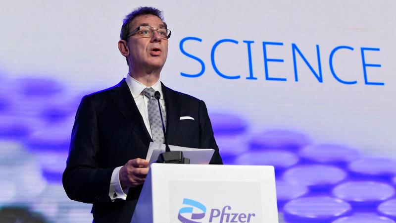 Pfizer CEO Albert Bourla talks during a press conference with European Commission President after a visit to oversee the production of the Pfizer-BioNtech Covid-19 vaccine at the factory of US pharmaceutical company Pfizer, in Puurs, on April 23, 2021.