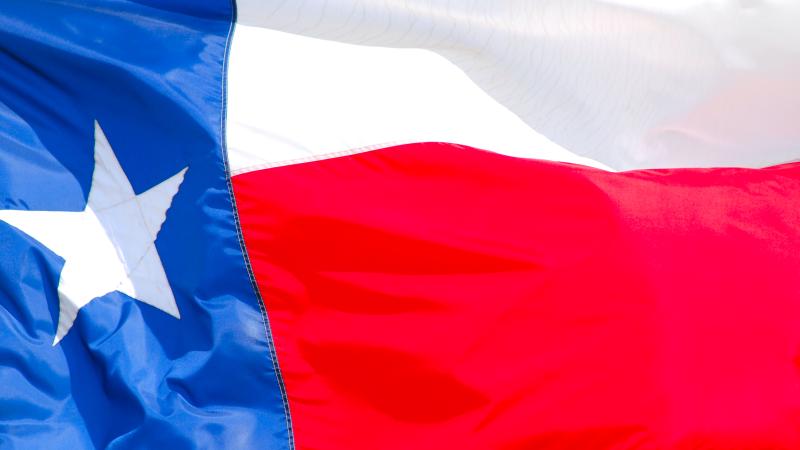Close up of a large Texas flag, blowing on a windy day. 