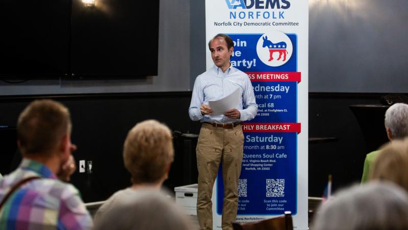 Norfolk Commonwealth's Attorney incumbent Ramin Fatehi speaks to the crowd at Norfolk Democratic Committee's breakfast at Boss Queen's Soul Cafe in Norfolk, Va., on Saturday, June 7, 2025.