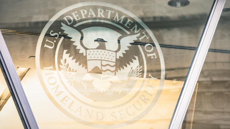 A sign on the exterior of the building that houses the United States Homeland Security Department in Washington, D.C.