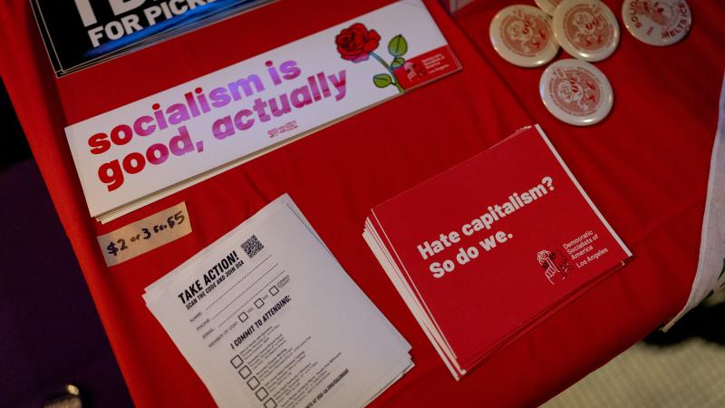 Items on a table during an election night party held by the Democratic Socialists of America - LA chapter at The Greyhound on Tuesday, Nov. 4, 2025 in Los Angeles, CA.