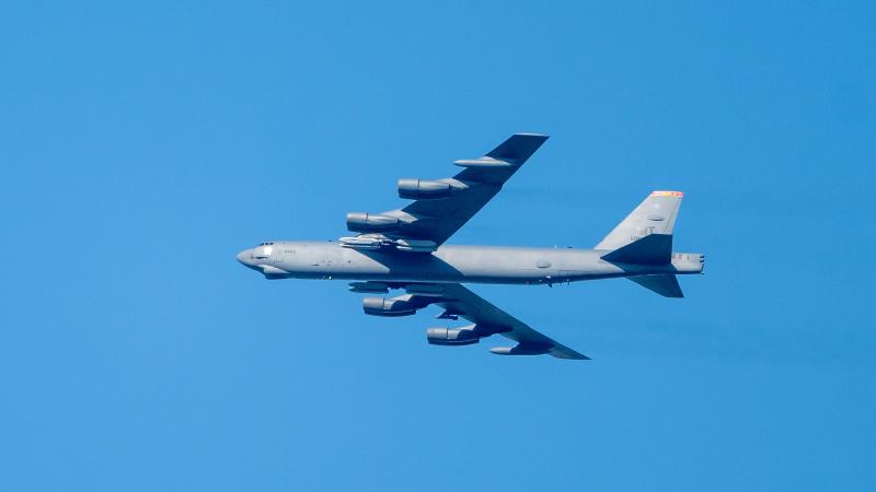 A B-52 bomber shown in flight
