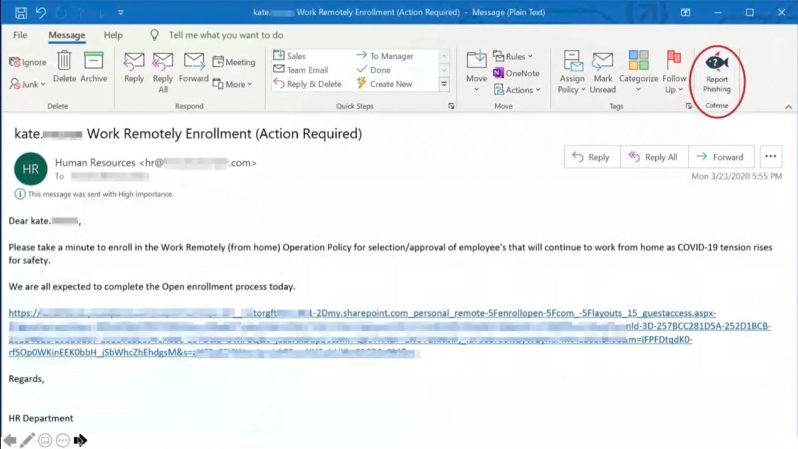 An example of an email phishing scam. 