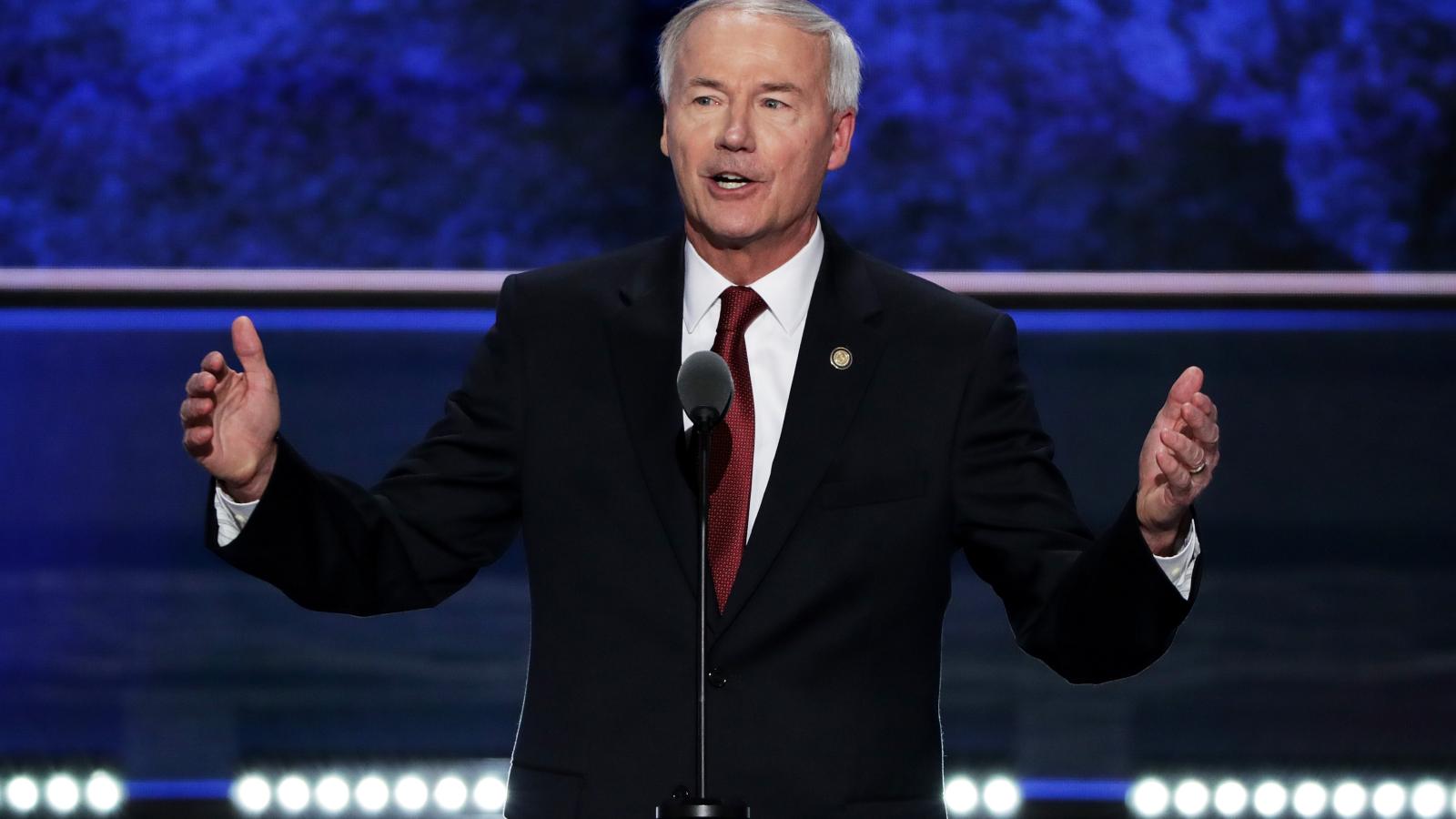 Gov. Asa Hutchinson (R-AR) delivers a speech on the second day of the Republican National Convention on July 19, 2016 at the Quicken Loans Arena in Cleveland, Ohio.