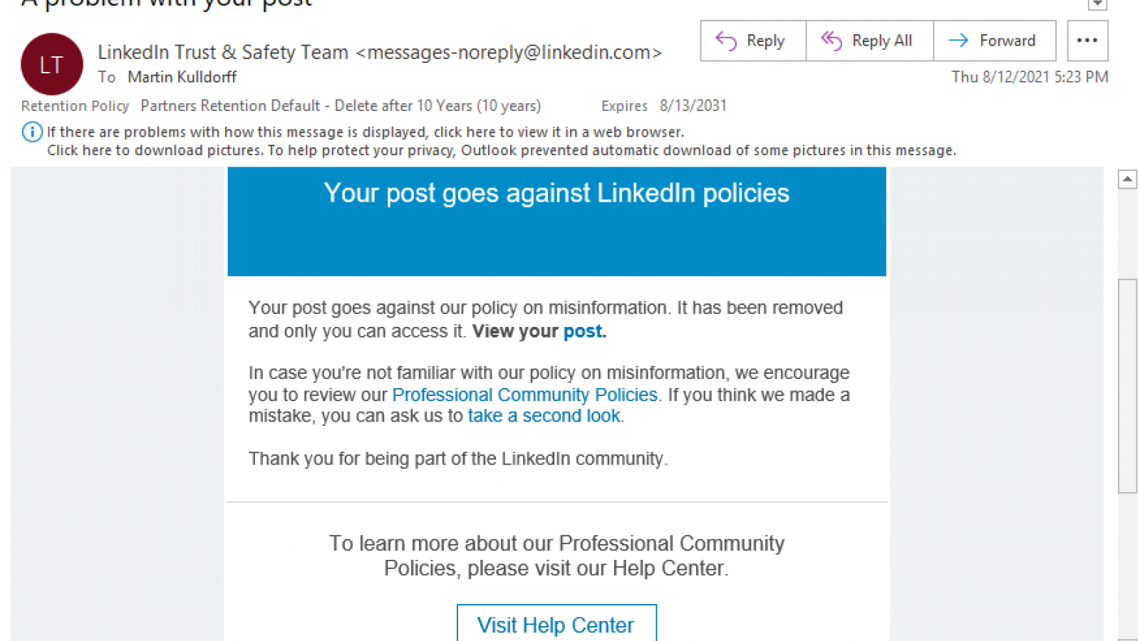 LinkedIn removal notification