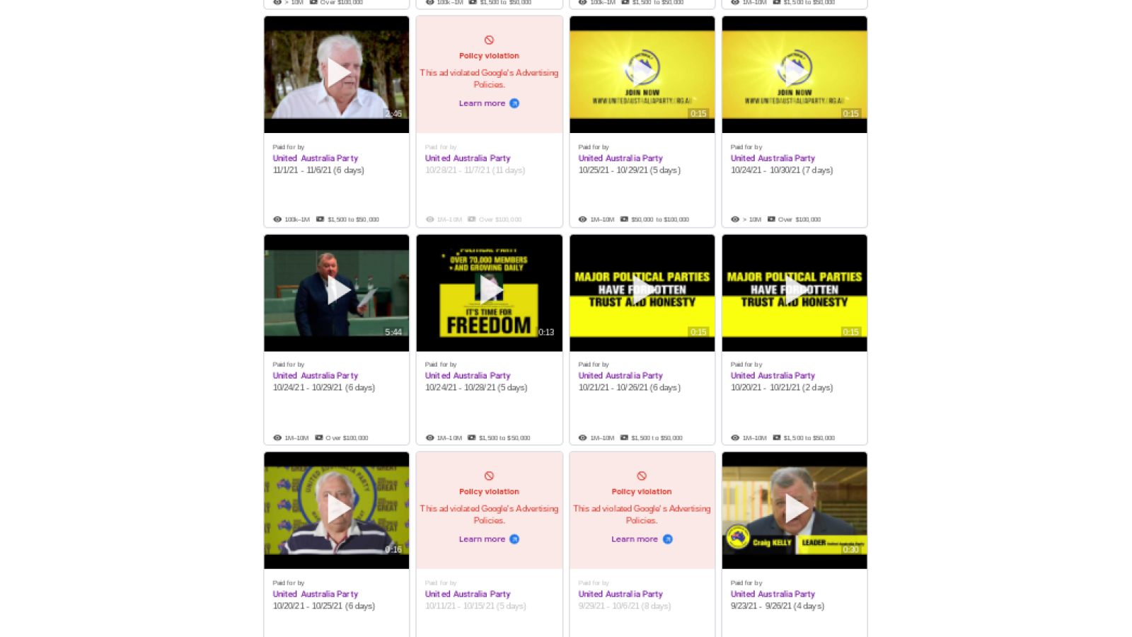 United Australia Party videos censored by YouTube 11-19