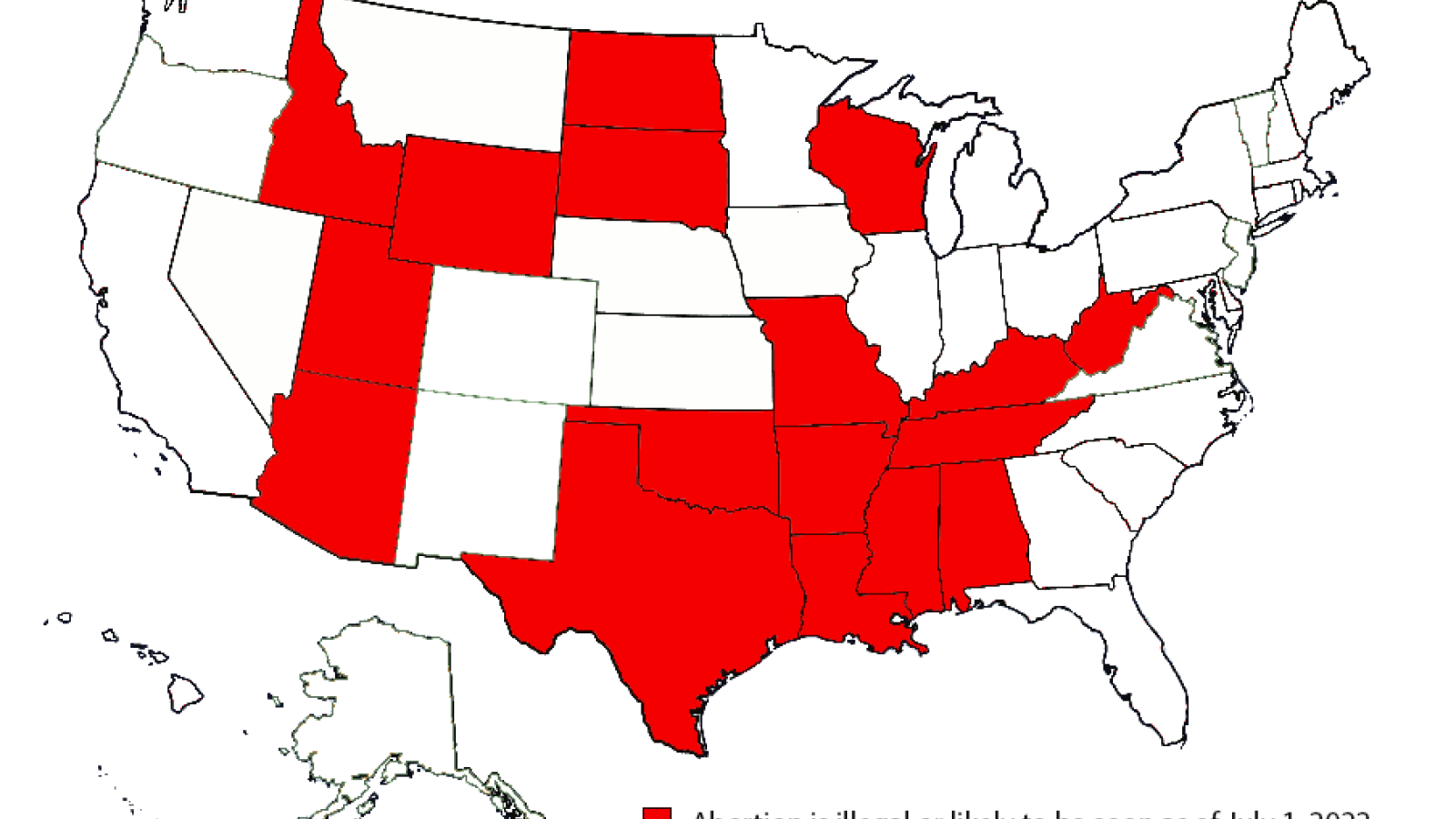 States where abortion is illegal or likely to be as of July 1, 2022