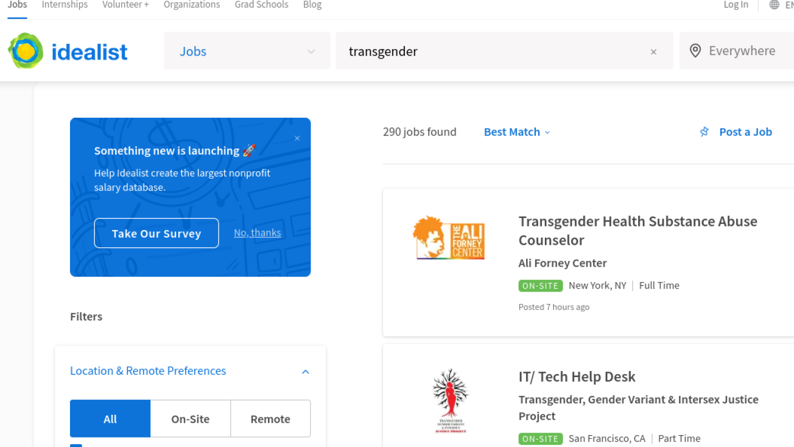 Job listings for "transgender"