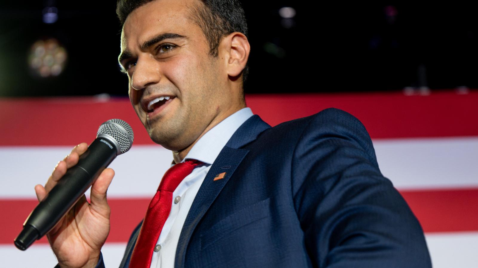 Republican attorney general candidate for Arizona Abraham Hamadeh speaks to supporters during a campaign event at the Whiskey Roads Restaurant & Bar on July 31, 2022 in Tucson, Arizona.