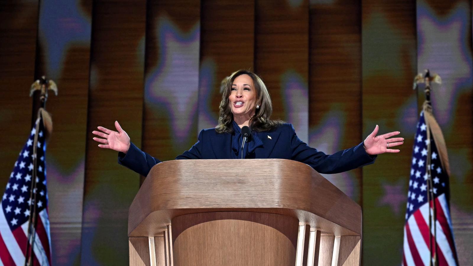 US Vice President and 2024 Democratic presidential candidate Kamala Harris speaks on the fourth and last day of the Democratic National Convention (DNC) at the United Center in Chicago, Illinois, on August 22, 2024.