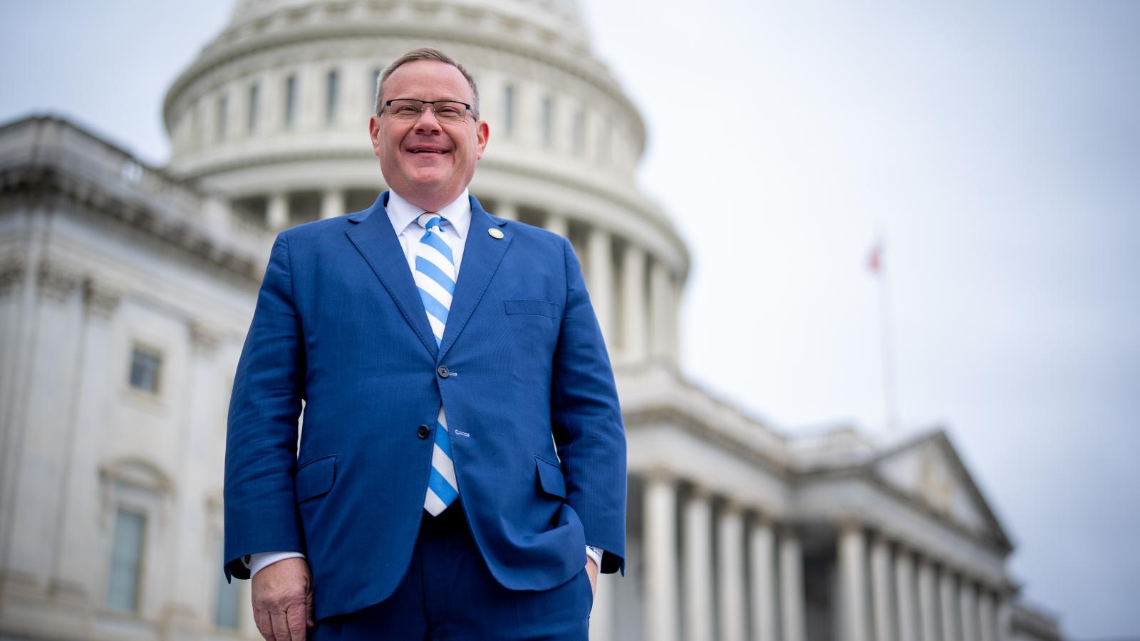 Rep.-elect Tim Moore (R-NC) poses for a photograph after joining other congressional freshmen of the 119th Congress for a group photograph on the steps of the House of Representatives at the U.S. Capitol Building on November 15, 2024 in Washington, DC. New members of congress are in-town for an orientation program to help them prepare for their upcoming roles.