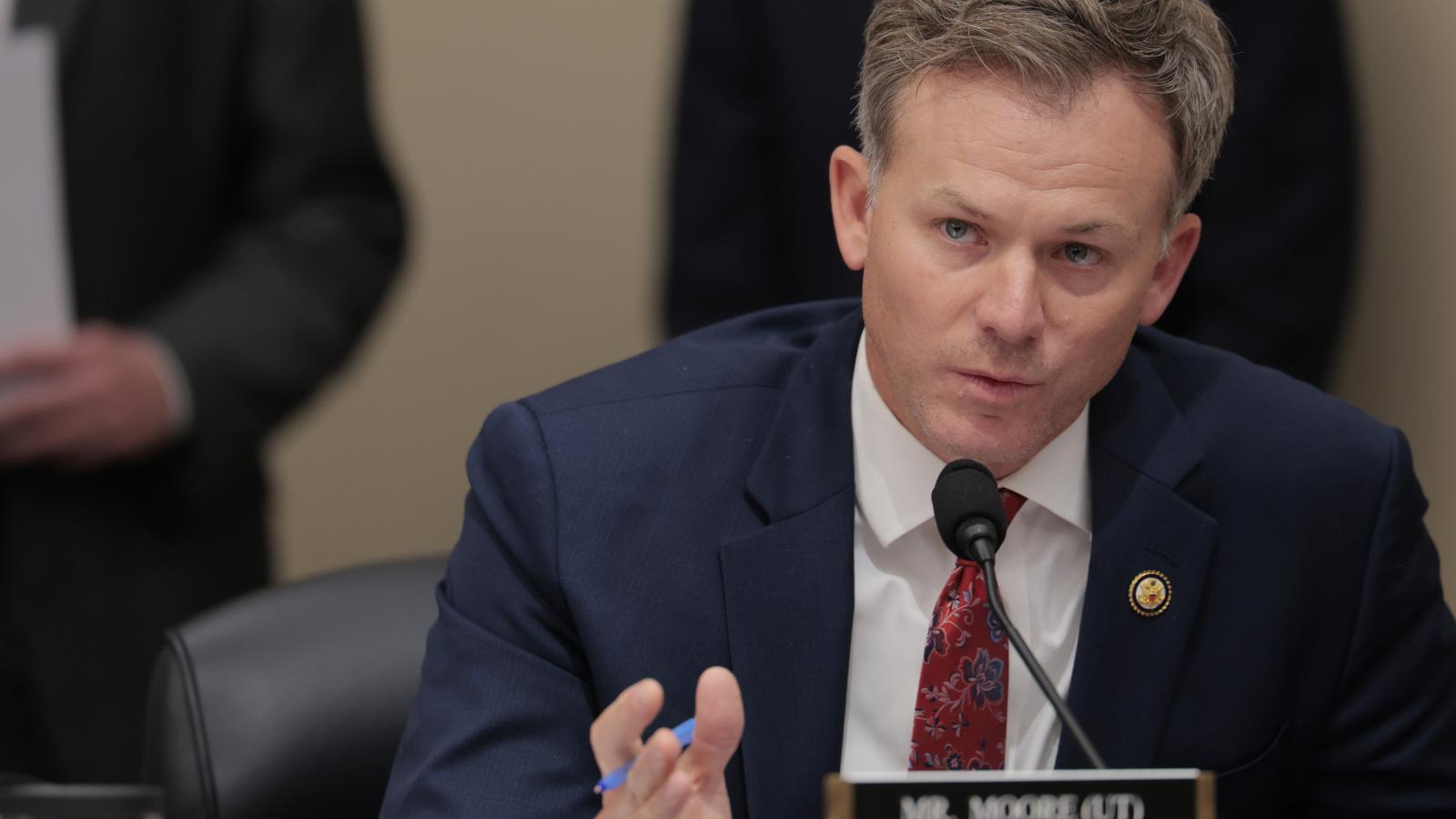 WASHINGTON, DC - MAY 16: Rep. Blake Moore (R-UT) speaks during a mark up hearing with the House Budget Committee on Capitol Hill on May 16, 2025 in Washington, DC. Members of the Budget Committee met to consider House Republicans’ reconciliation bill.
